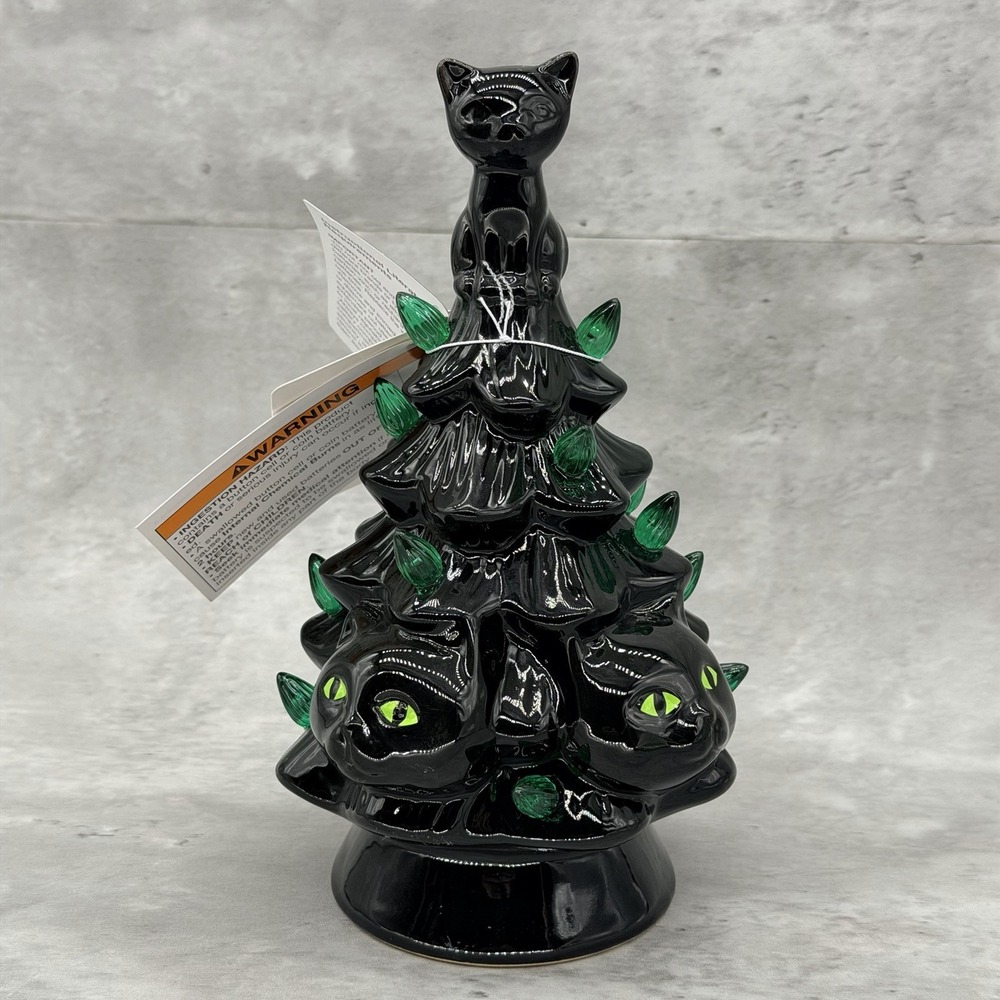 Black Cat Christmas Halloween Tree Ceramic LED Lighted Horror Decor NEW